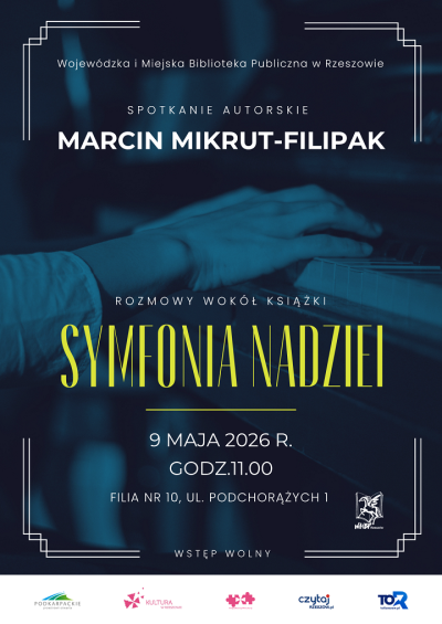 Grafika promująca spotkanie z Marcinem Mikrutem-Filipakiem 2026